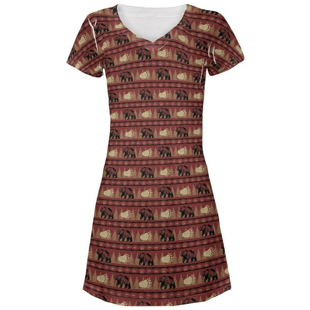 Grizzly Bear Adirondack Pattern Red All Over Juniors Cover-Up Beach Dress Grizzly Bear Adirondack Pattern Red All Over Juniors Cover-Up Beach Dress